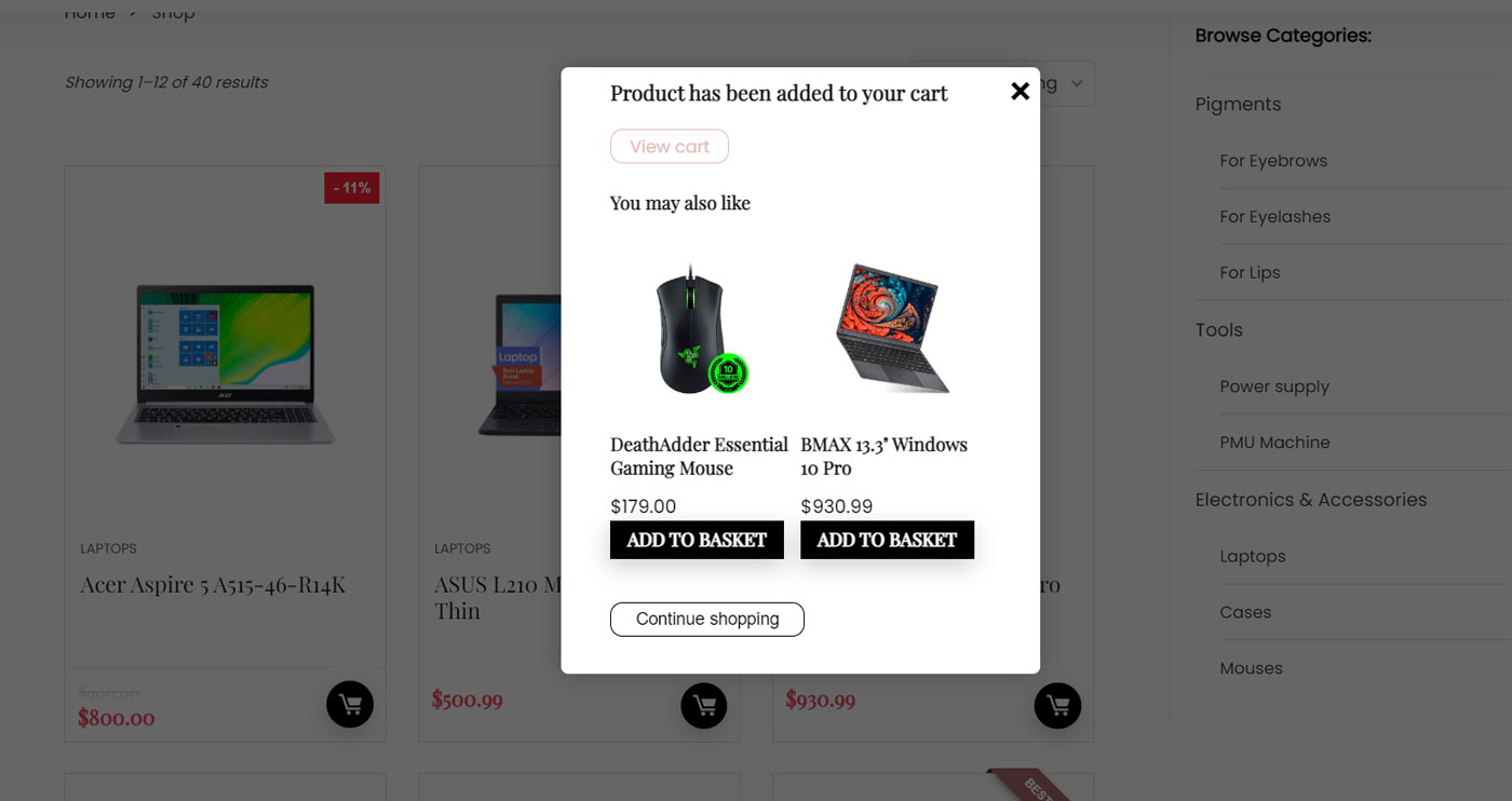 Pop-up: Displaying upsell and cross-sell recommendations